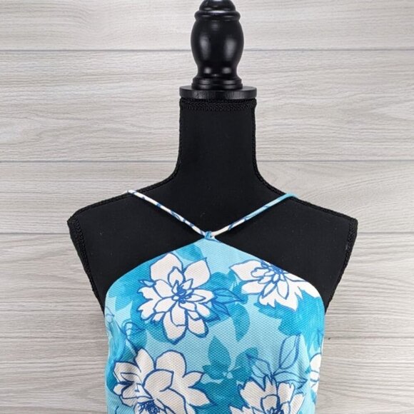 David Meister Teal Blue Floral Halter Tie Back Dress - Picture 3 of 9